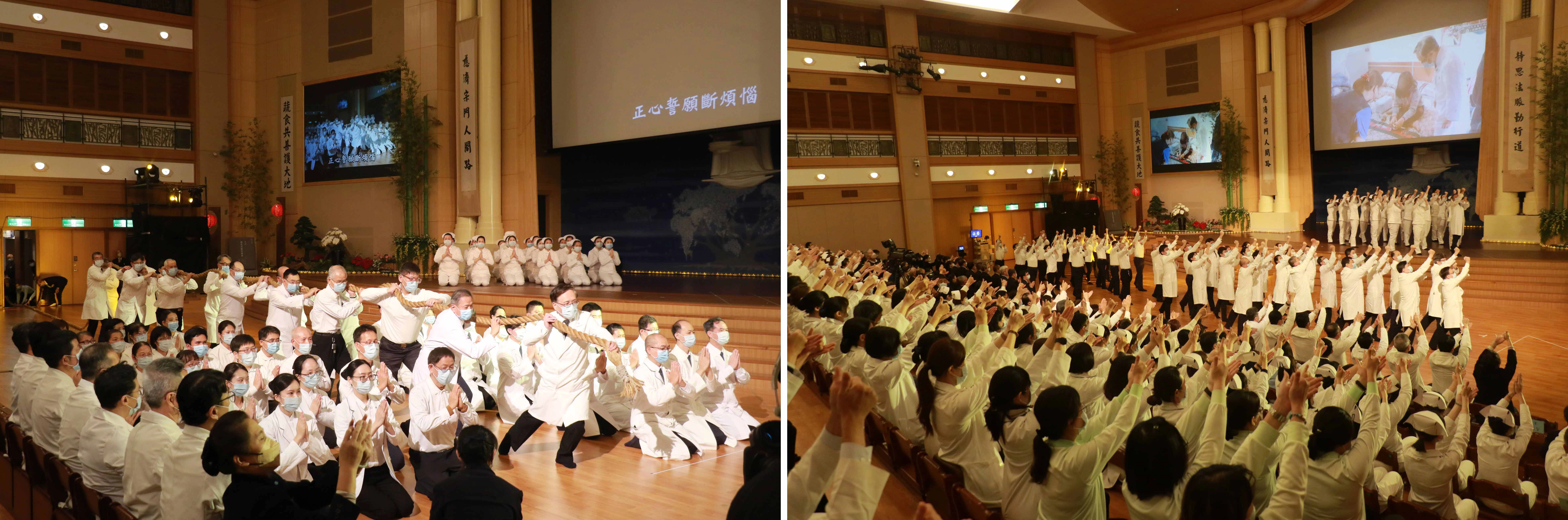 （圖左）拉縴苦行帶動慈濟醫療團隊，以三化行願樹立醫療典範。（圖右）經藏演繹臺上臺下呼應，傳達慈濟宗門救苦願力。