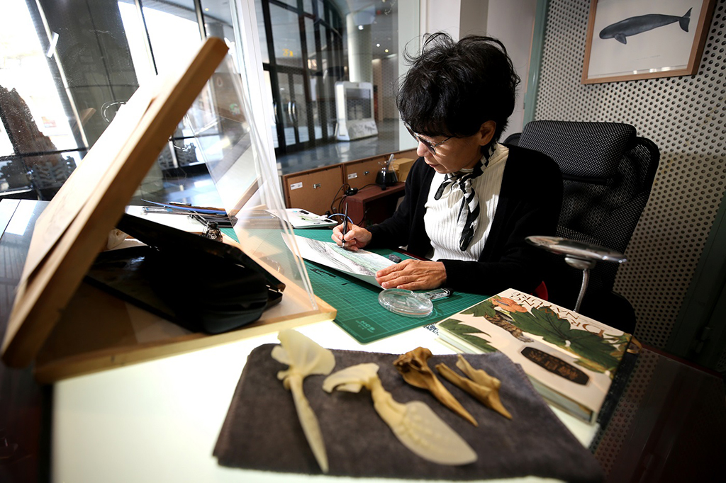 《科畫博物》特展-科學繪圖師彭瑄玉駐館已長達10年以上，觀眾可至演示之窗與老師互動。