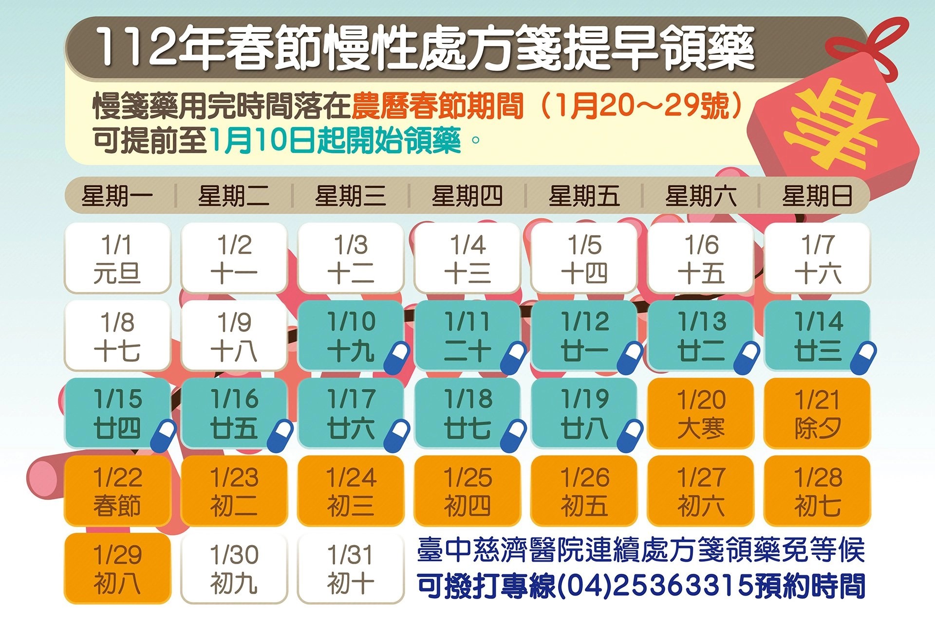 112年春節慢性處方箋提早領藥時間。