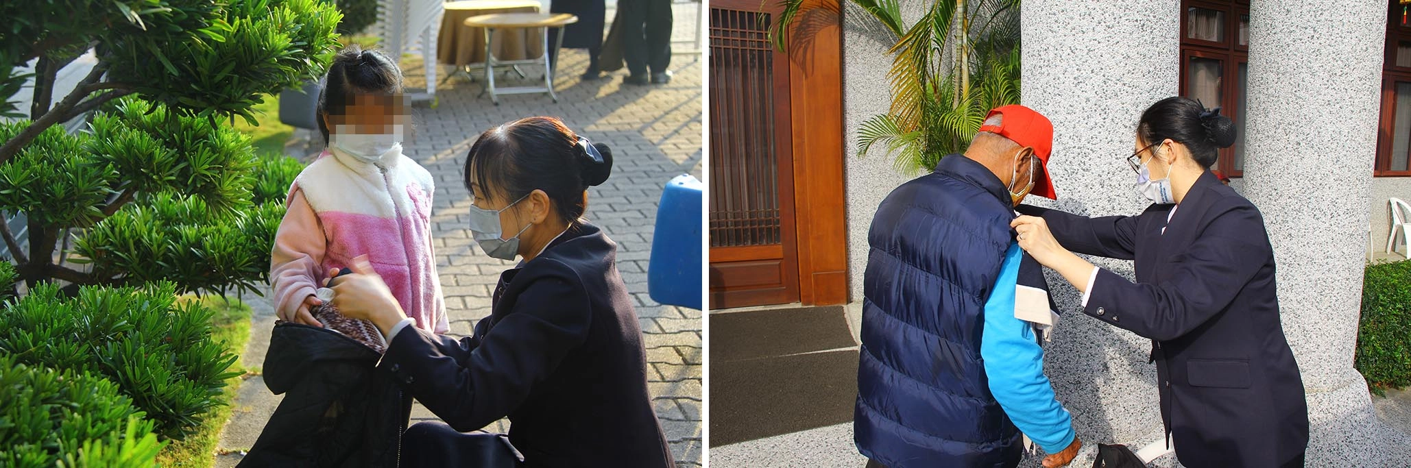 左圖：美蓮老師暖心為照顧戶小孩挑選衣服。右圖：子萲老師貼心比量照顧戶的衣服是否合身。
