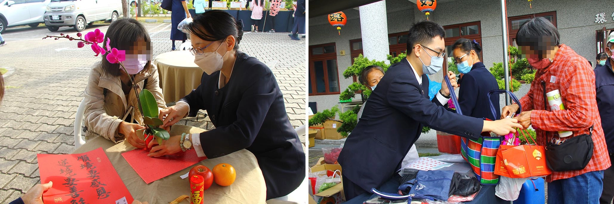 左圖：曉瑩主任溫馨陪伴照顧戶手作花道作品。右圖：逸寧老師細心將物資整理好，確實交到照顧戶手中。