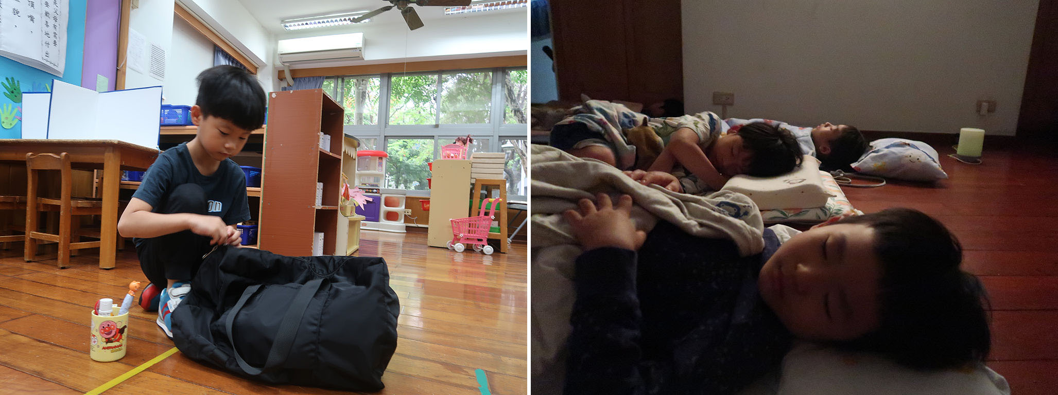 離開爸媽的第一晚，在老師和同學陪伴下安穩入睡。隔天起床，寶貝自己整理行李，展現獨立的一面。