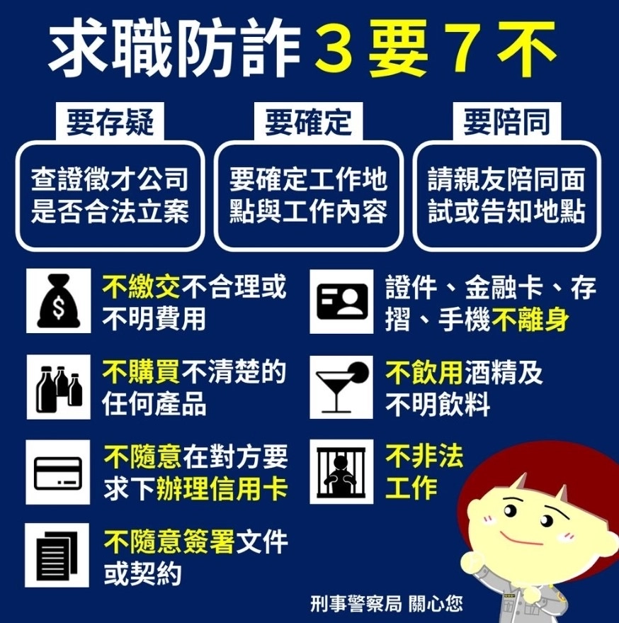 臺北市保安警察大隊宣導「三要原則」：「要確認、要存疑、要陪同」，以保障自身權益及安全，避免因求職心切間接成為詐騙共犯而誤觸法網。