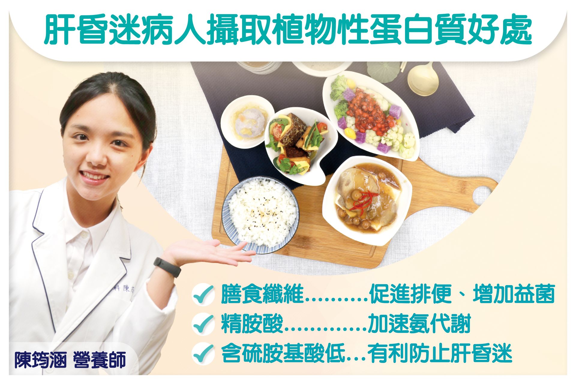 營養師陳筠涵以植物性蛋白質為病人調整飲食，有效控制住肝腦病變。