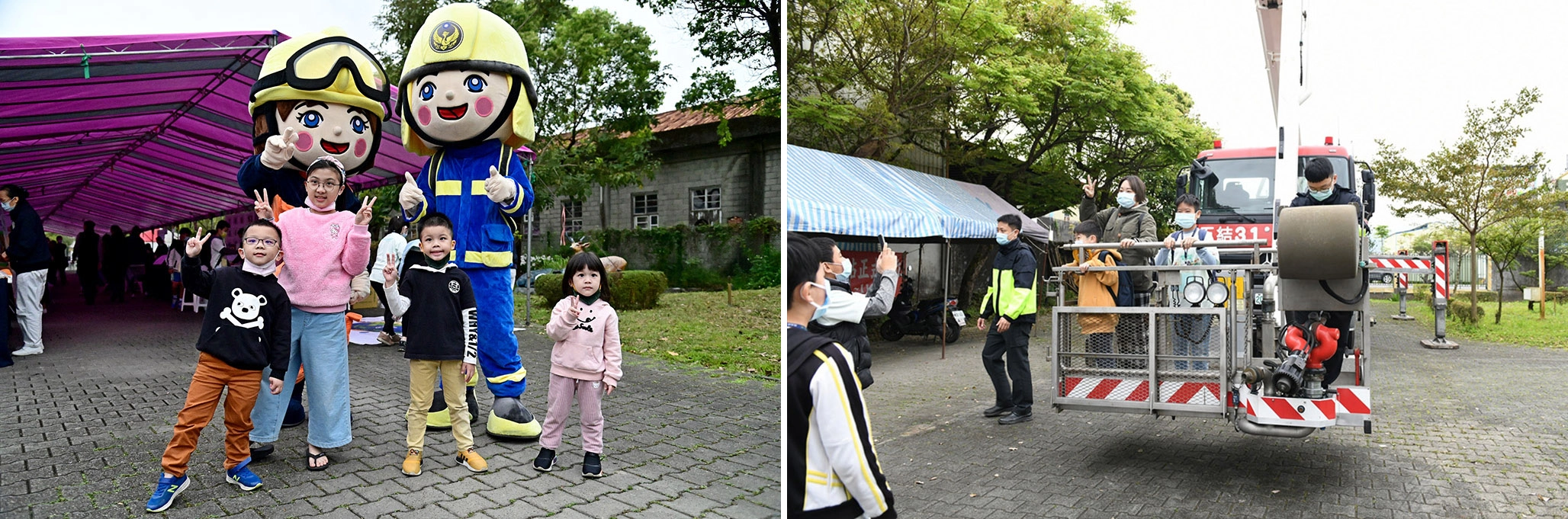 右圖：競賽場外各式主題相關的攤位也吸引同學。左圖：競賽場外各式主題相關的攤位也吸引同學，圖為師生體驗雲梯車，感受消防隊員的辛苦。