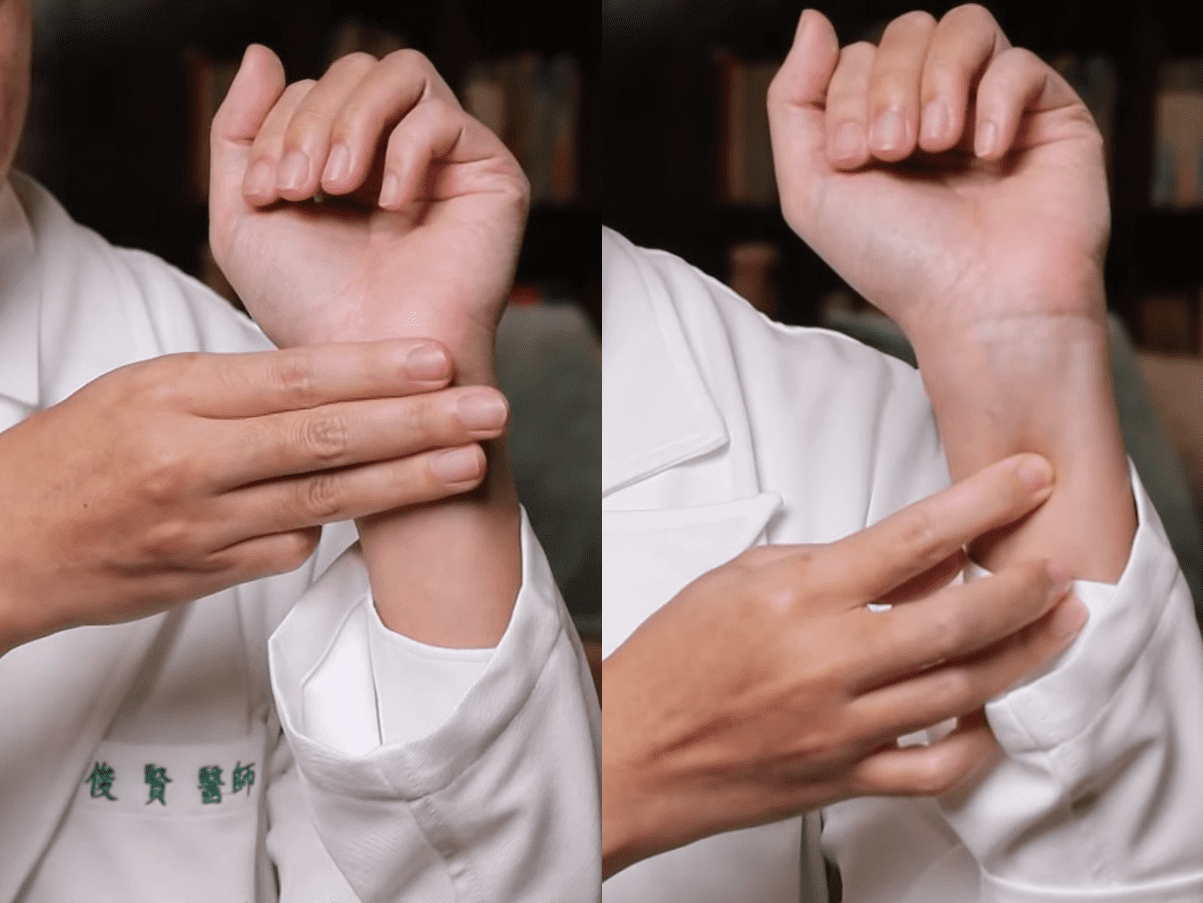 劉俊賢醫師介紹，內關穴位在手橫紋三指伏的寬度下、兩筋之間，可以按壓達到情志養生的效果。