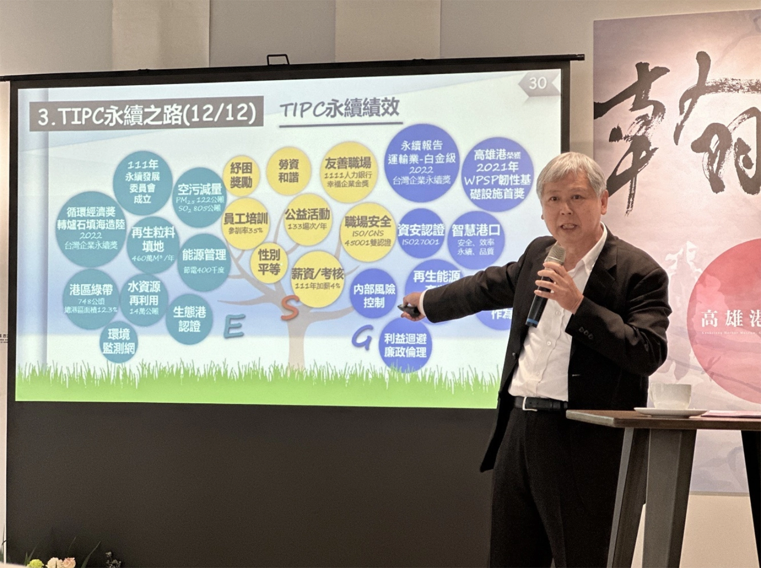 臺灣港務公司董事長李賢義介紹臺灣港群的永續績效。