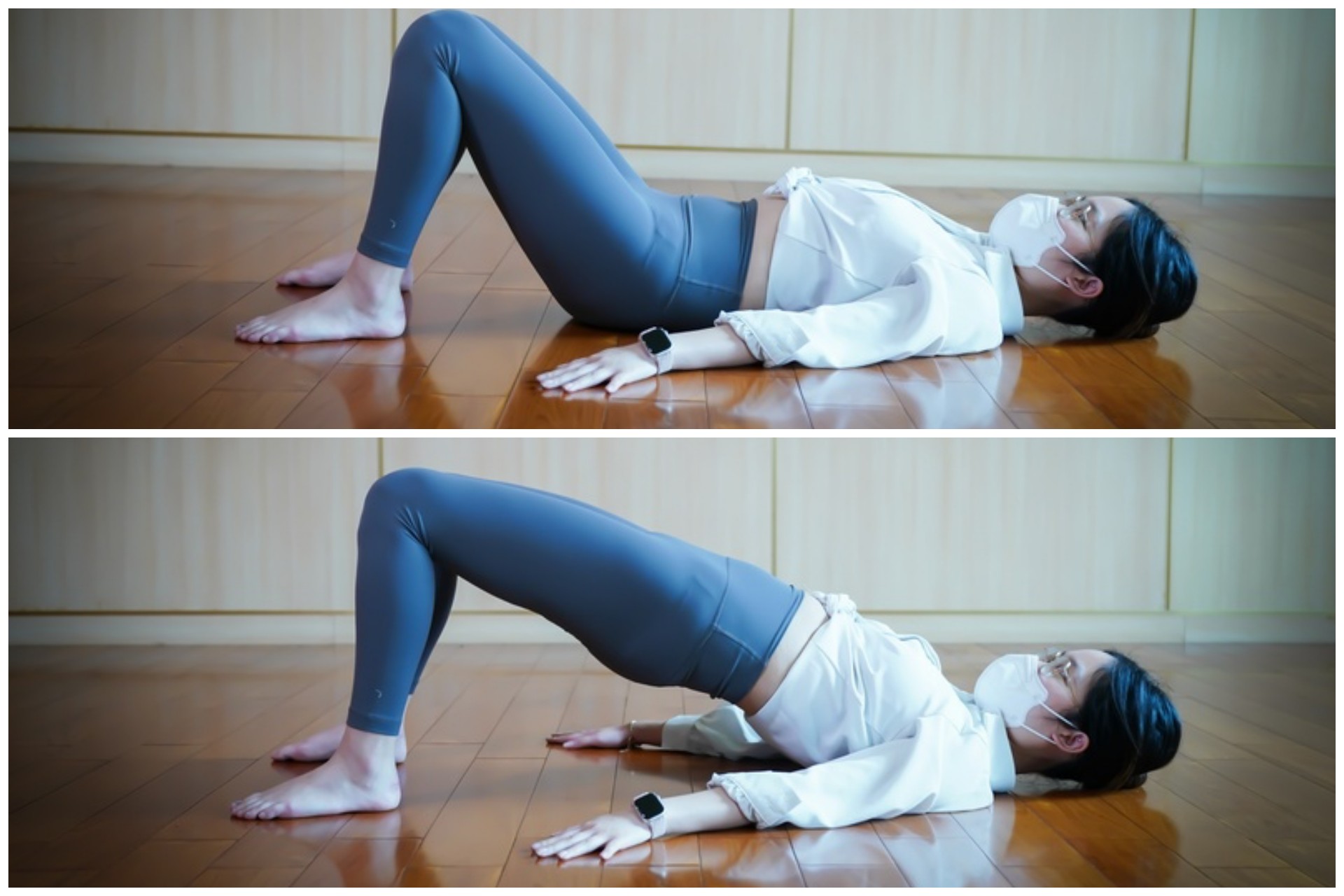 平躺凱格爾運動：雙膝彎曲，背部貼地，臀部緩緩抬起，維持10秒後放下。