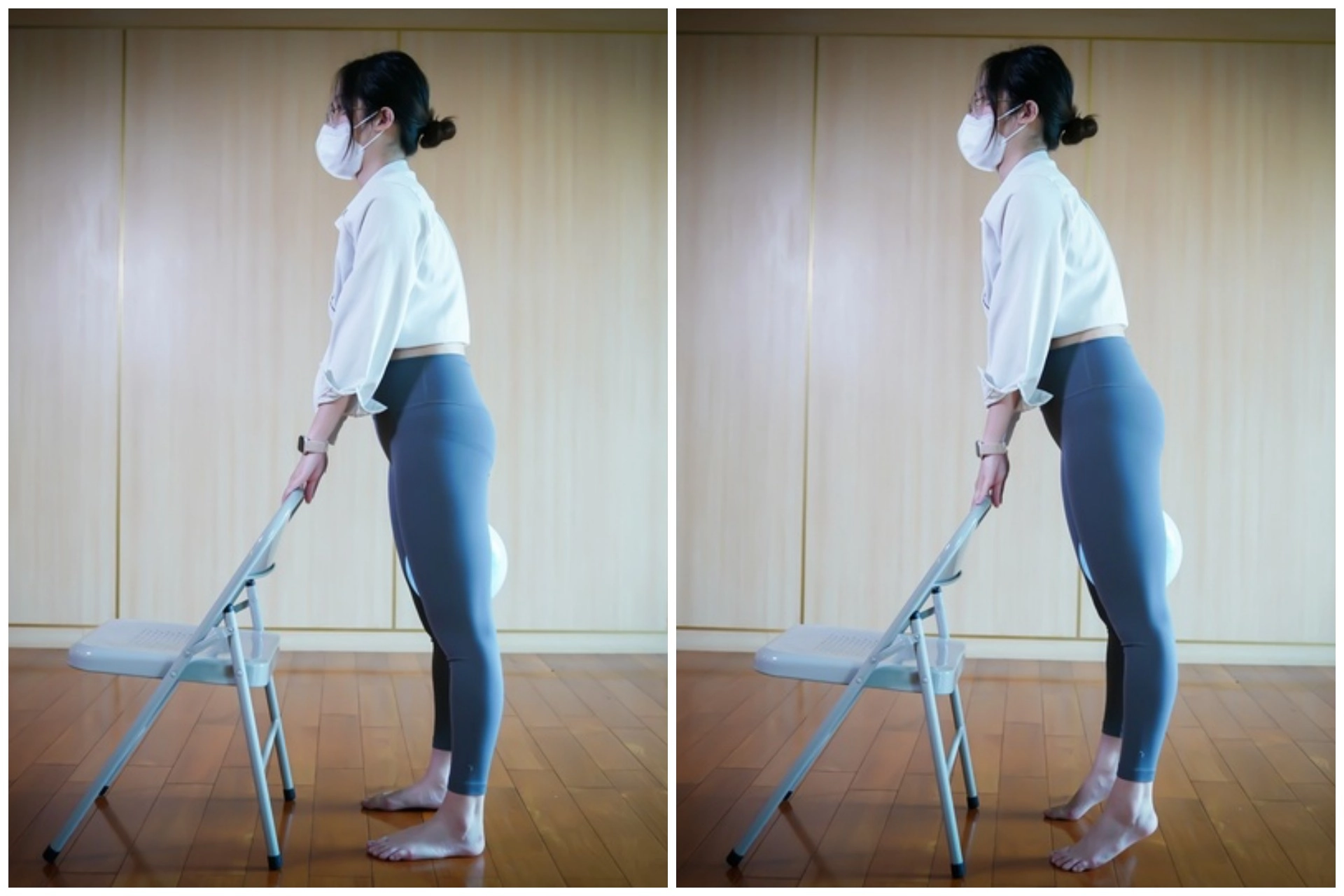 站姿凱格爾運動：手扶著椅背或桌緣，雙腳夾球後，踮起腳尖並維持10秒。