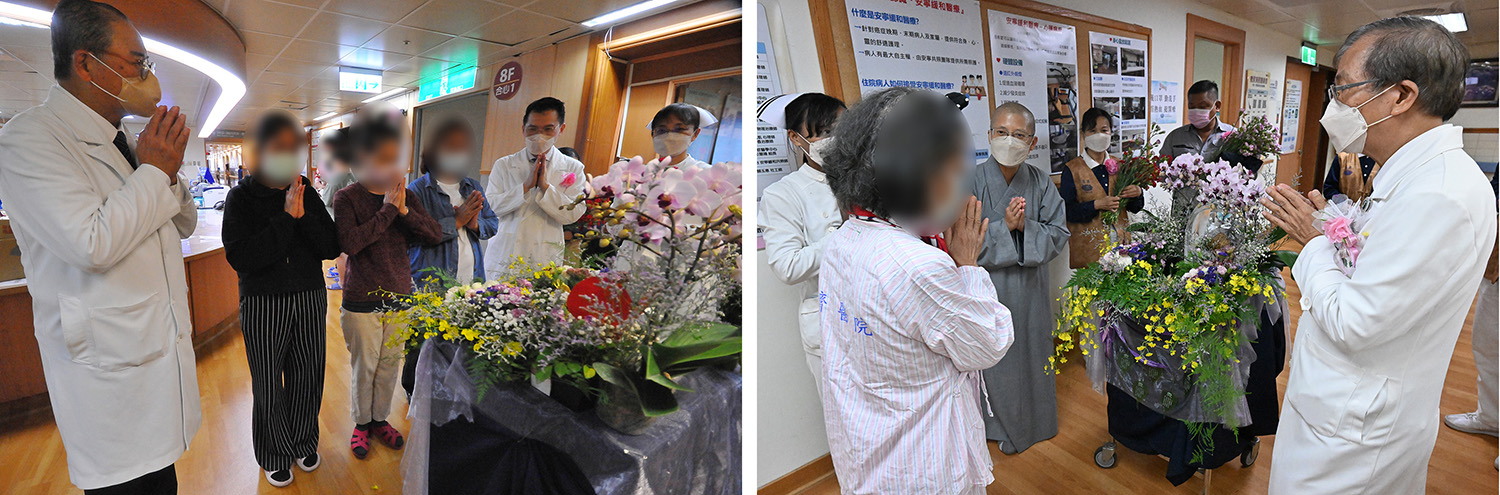 在病房，精舍師父與醫療團隊歡喜邀請病人、家屬浴佛，再送上福慧珍粥與應景的康乃馨，分享三節合一的溫馨喜悅。