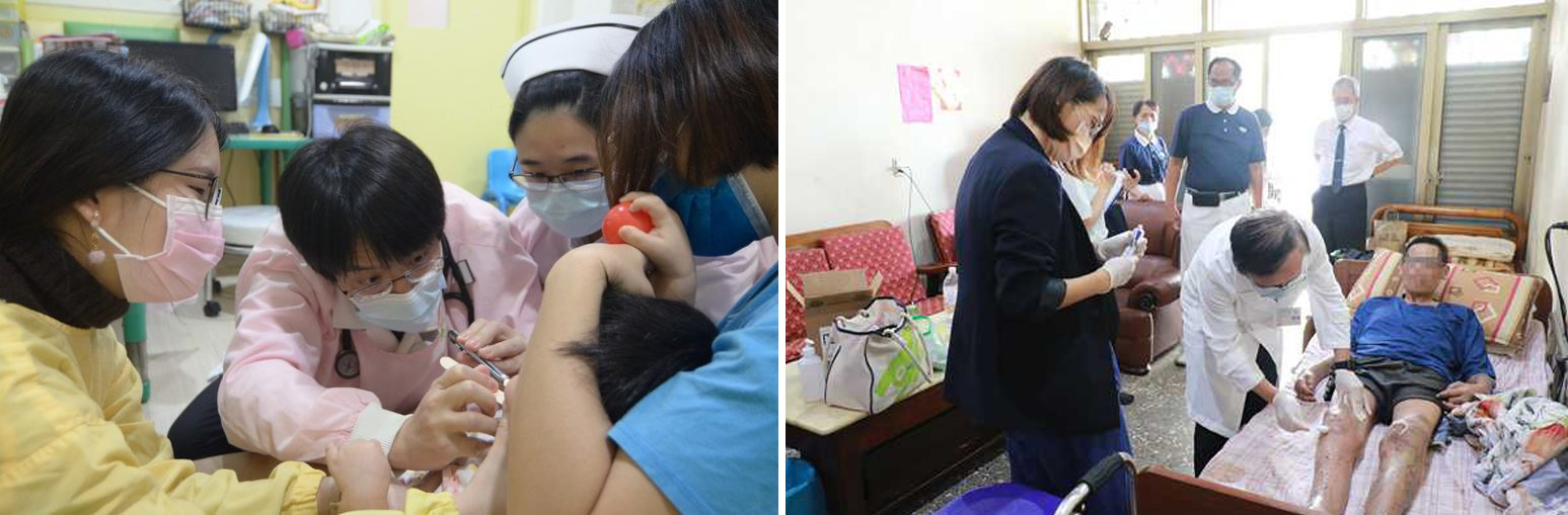 左圖:台北慈濟醫院醫護團隊,為忠義育幼院院童進行檢查。右圖:台中慈濟醫院醫護團隊前往臺中市梧棲區為行動不便的病人居家往診。