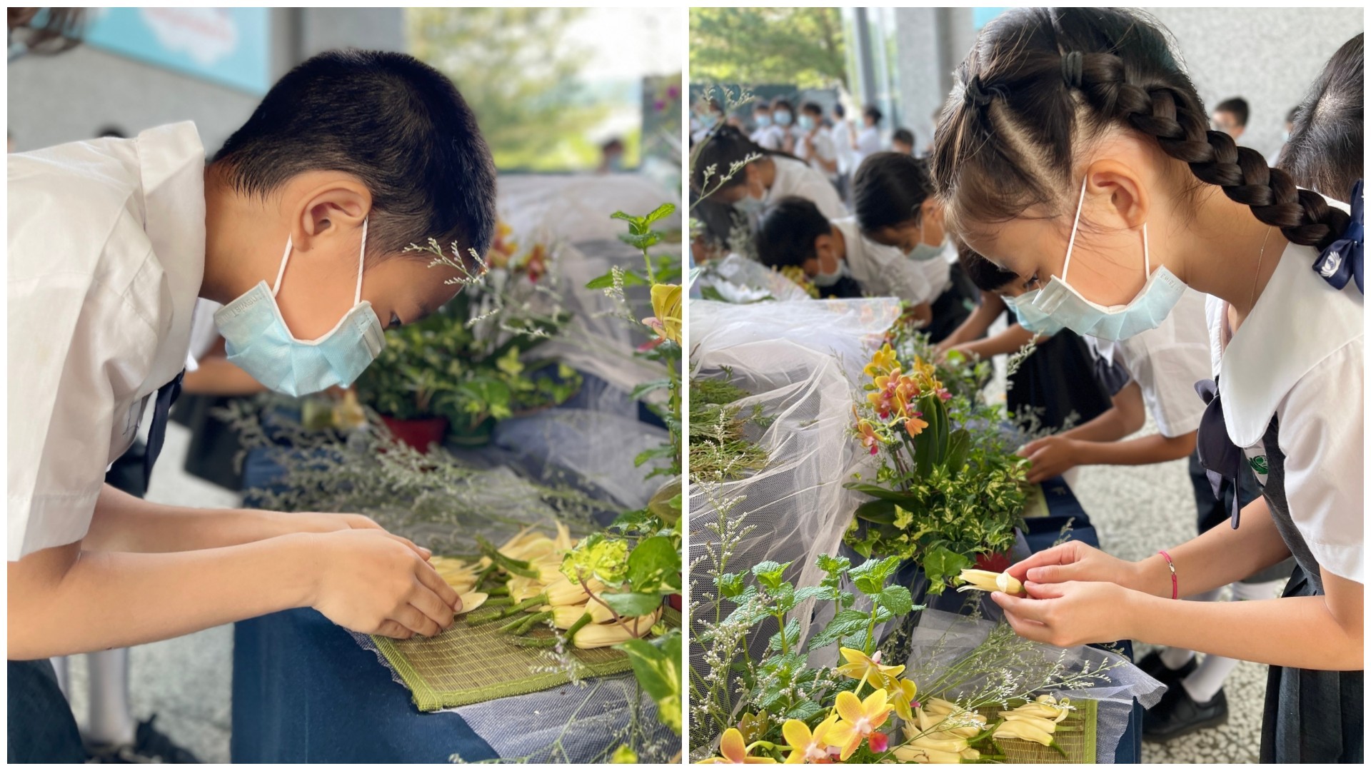 孩子們雙手合十一一至佛前，禮佛足、接花香，藉由彎腰禮佛洗滌自己的心靈與煩惱，個個行禮如儀，以最虔誠的心參與浴佛。