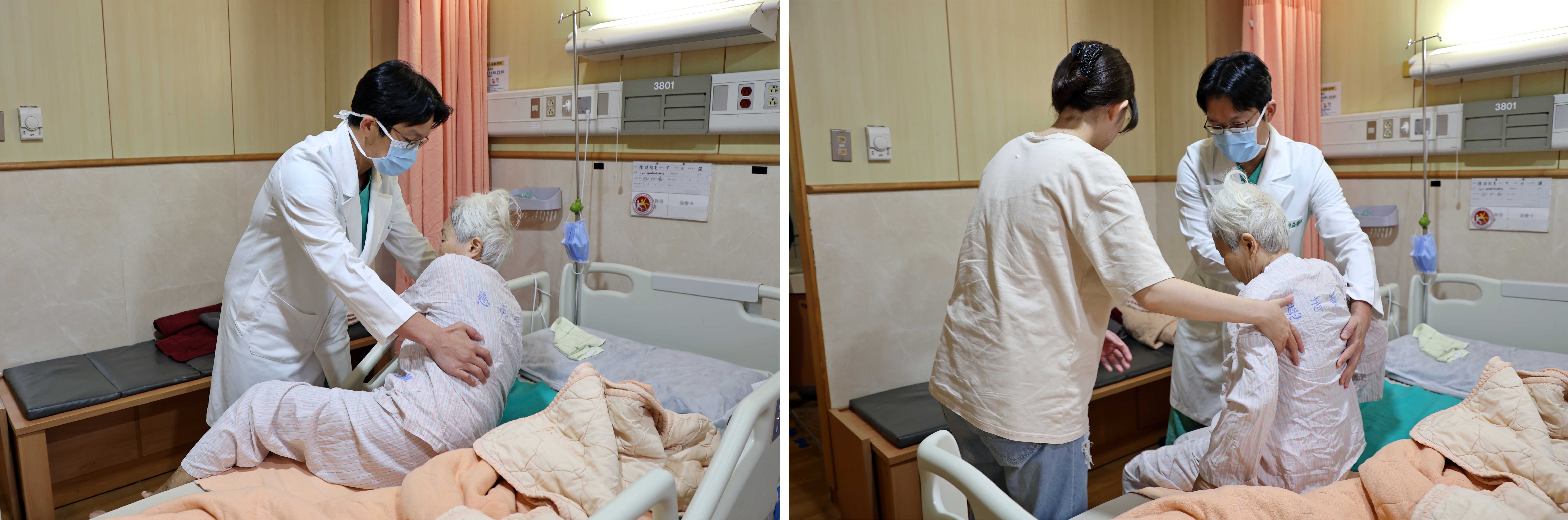 出院前,洪祥益主任特別叮嚀郭奶奶下床時不可以腰部力量起身,應先側身再用手臂撐起上半身,以免受傷。