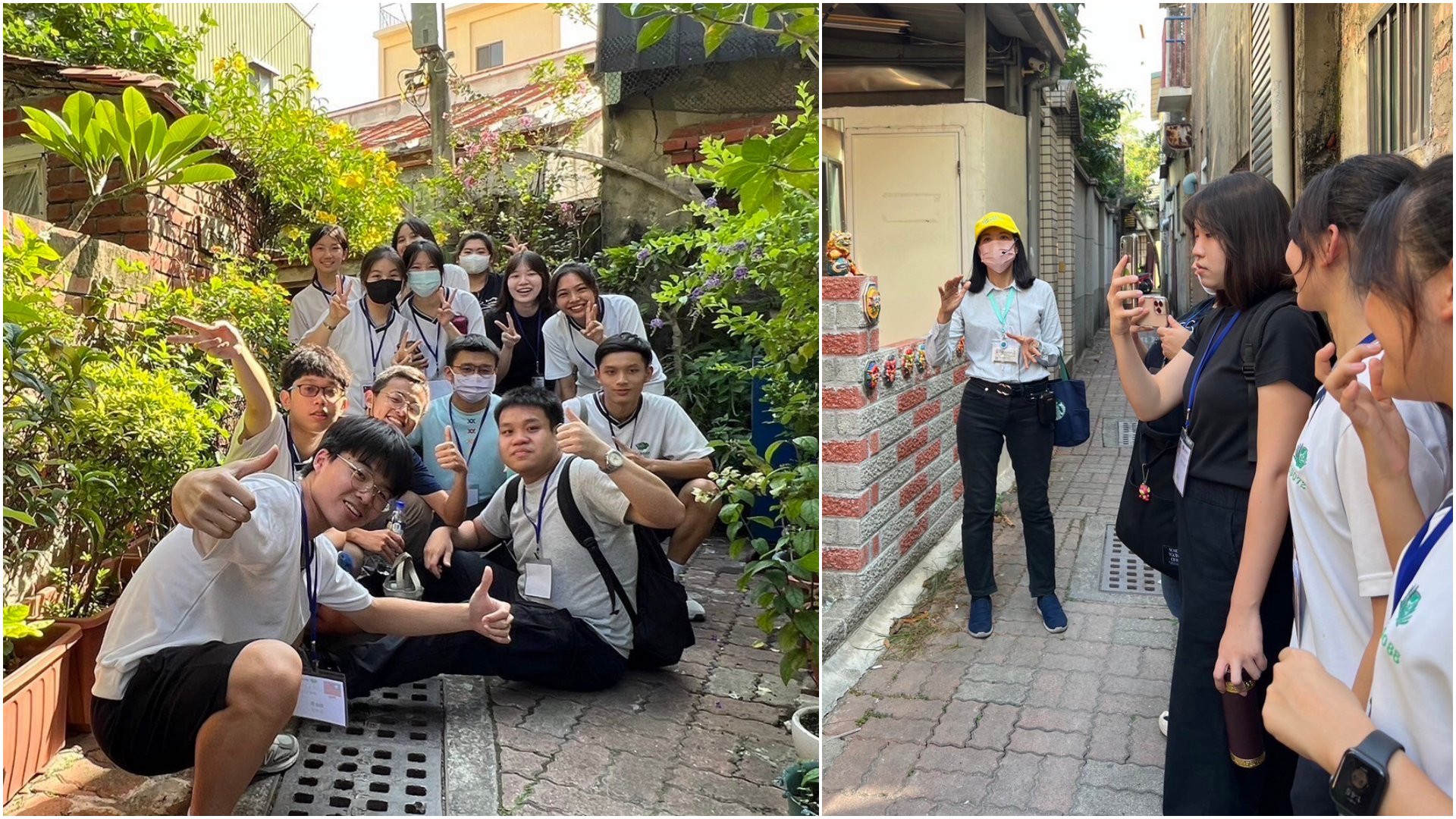 (左圖)深入走訪安平體驗巷弄之美,一起歡樂留影。(右圖)跟著導覽老師前進安平老街踏查,仰俯之間發現驚喜。