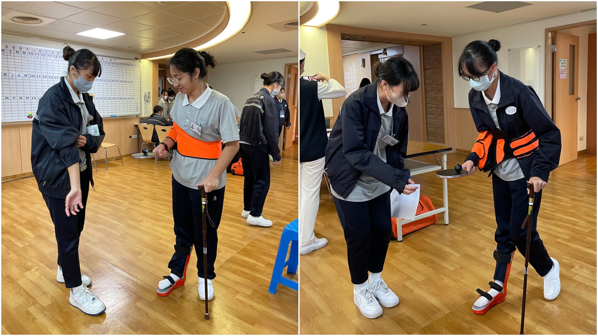 經由手腳的束縛限制肌力及活動度，持乒乓球拍運球的過程，護生體驗半身麻痺病人行進的情景。