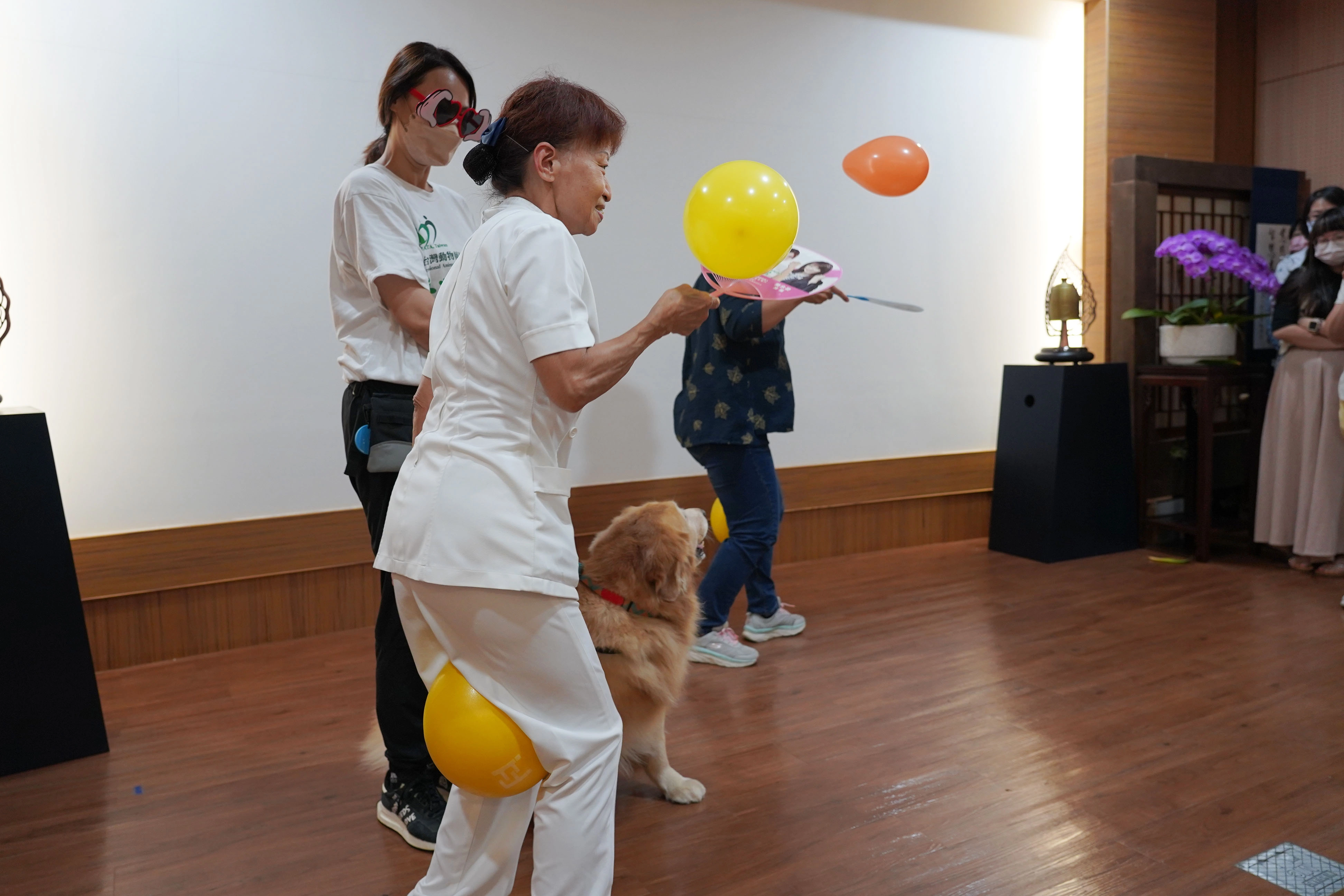 台中慈院護理部顧問張梅芳（前）從動物輔療中體驗如何協助個案訓練肢體復健。