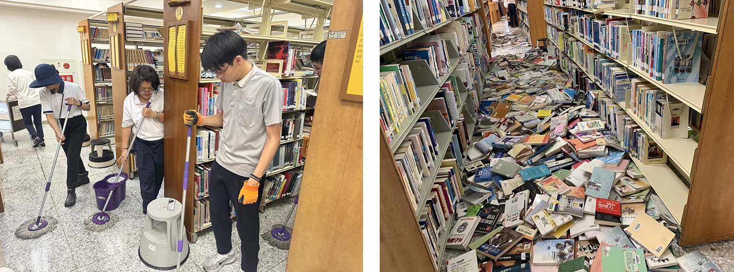 教職同仁清理圖書館冷卻水管破裂導致的淹水。/教職同仁整理掉落的書籍。