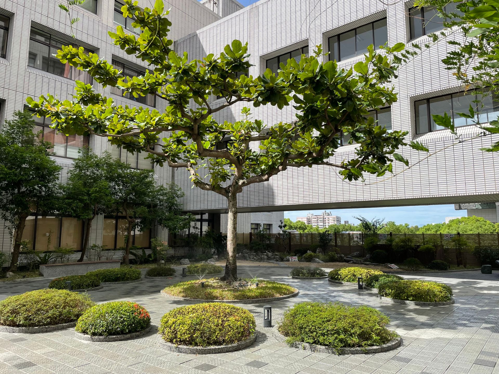 在大愛、感恩兩棟建築物間設置空中花園，近年更將地面改以回收材質製成的連鎖磚，具透水性，能減少影響房屋結構。