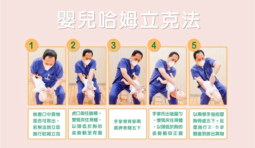 莊浩凌醫師示範嬰兒哈姆立克法步驟，重點是「頭下腳上」。