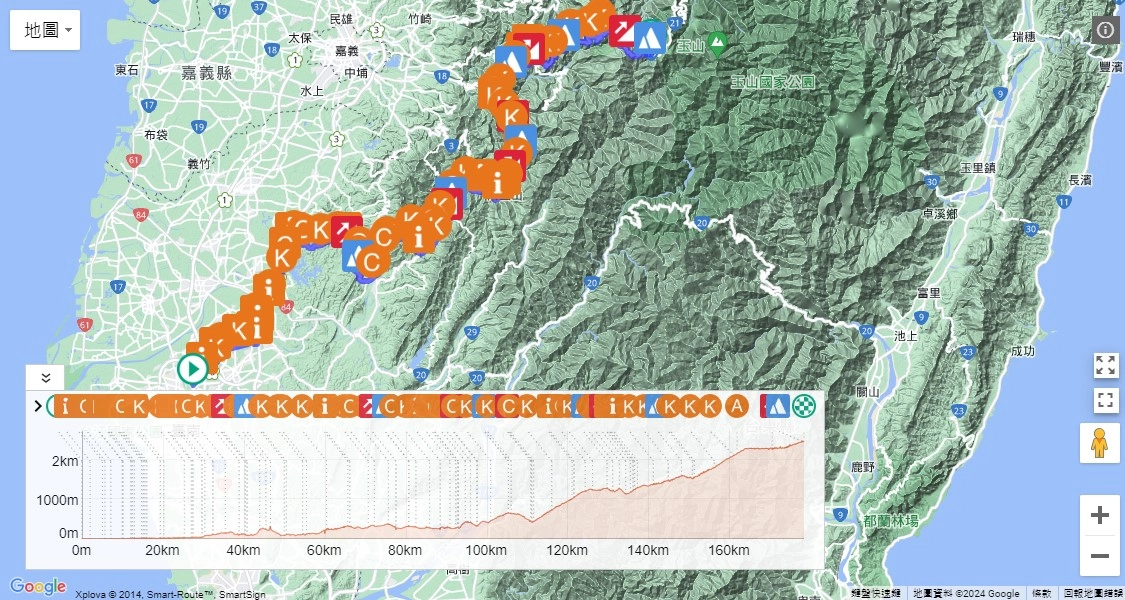 「橘子岸到頂超級馬拉松」總長度約178公里、選手須從海拔0的臺南市區上升至最高2,470公尺的玉山國家公園界碑，跑者將要直面從凌晨跑到深夜、近20度溫差及地形變化的高