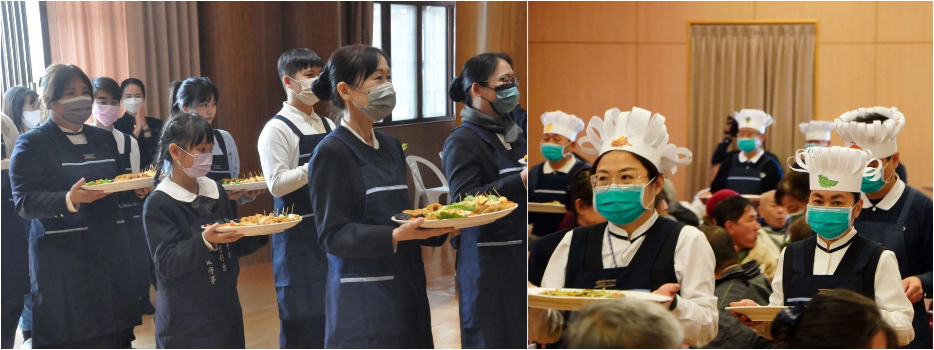 （左圖）師長們在安平聯絡處歡喜為感恩戶上菜。（右圖）參與佳里聯絡處活動的師長們戴起廚師帽並穿上圍裙，為鄉親呈現精彩的上菜秀。