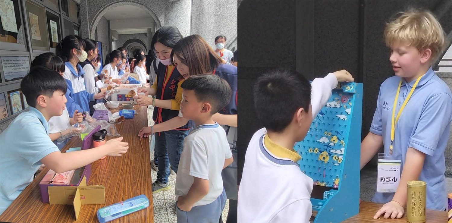 五年級師生特別設攤，讓美國建基學校學生一起參與義賣幫助滿納海建新校舍。