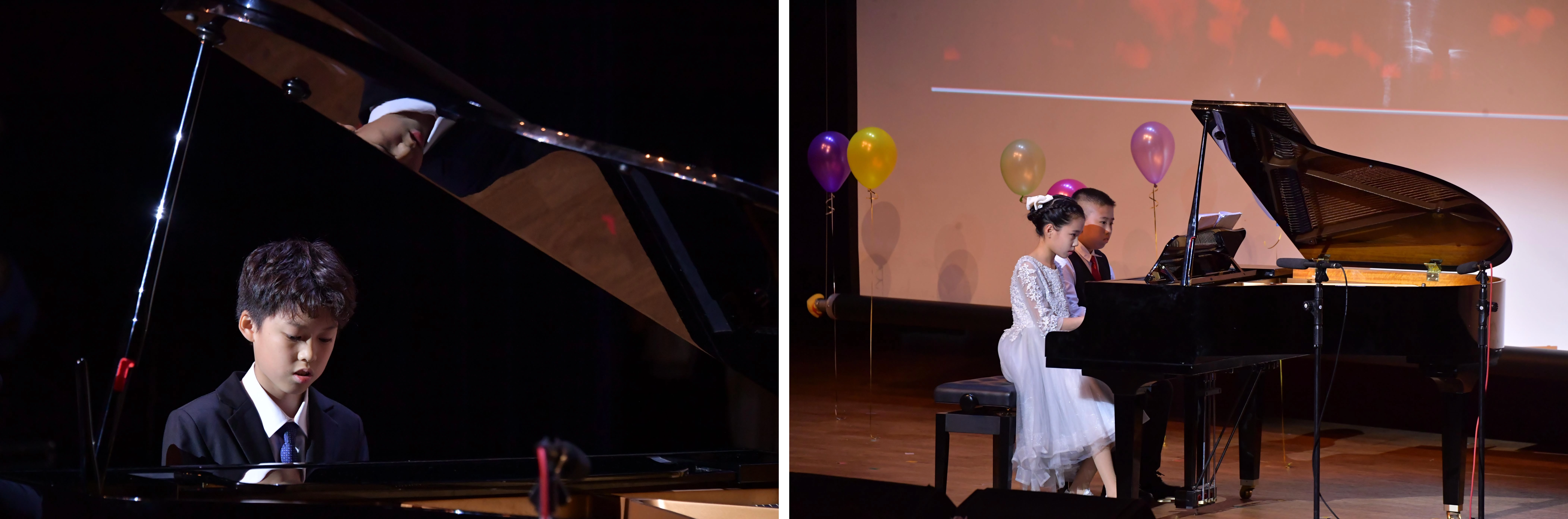 （圖左）曾晨洋演奏曲風清新明快的《夢中的婚禮》。（圖右）吳婉睿和蔡承勳維也納新年音樂會的壓軸熱門曲目《賴列基進行曲》。