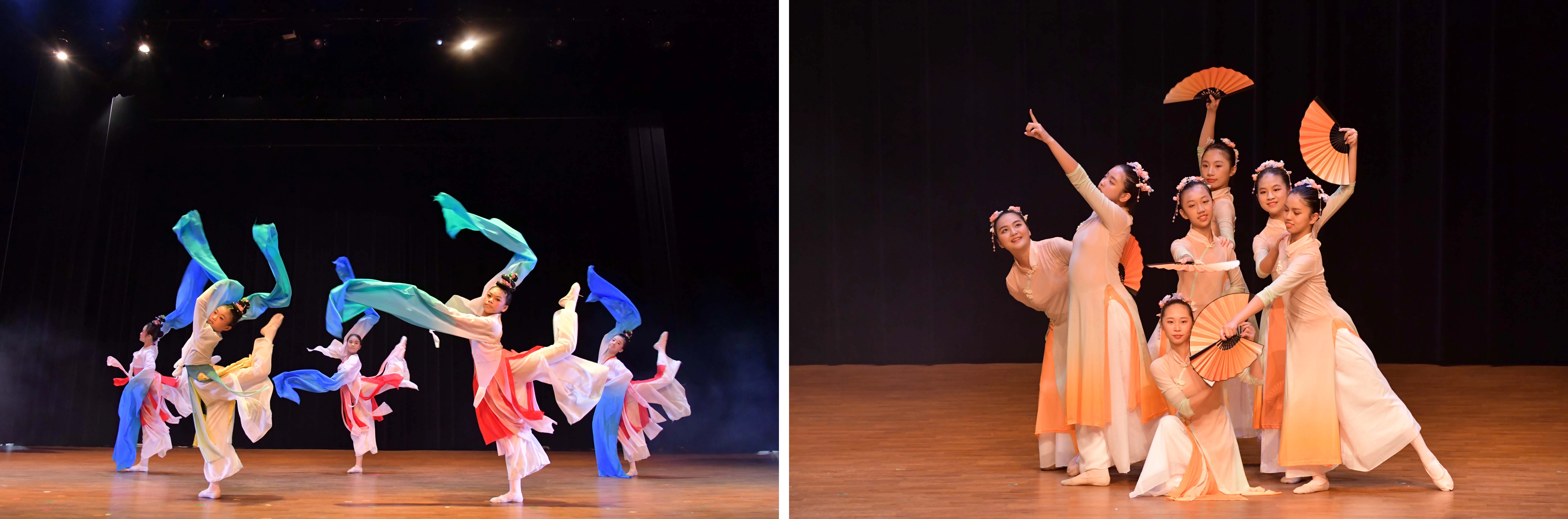 （圖左）國小部舞蹈隊的「遲日江山麗」。（圖右）國中部舞蹈隊的「酹江月」。