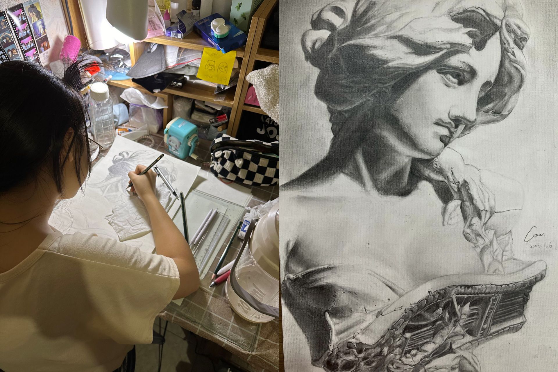 小樺在家中繪製參與國際賽作品。