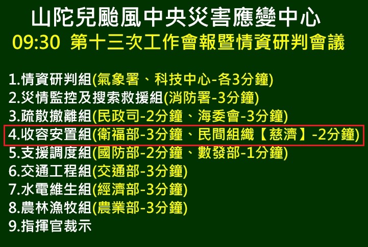 「中央災害應變中心」於2024年10月3日將慈濟列入工作會議報告單位。