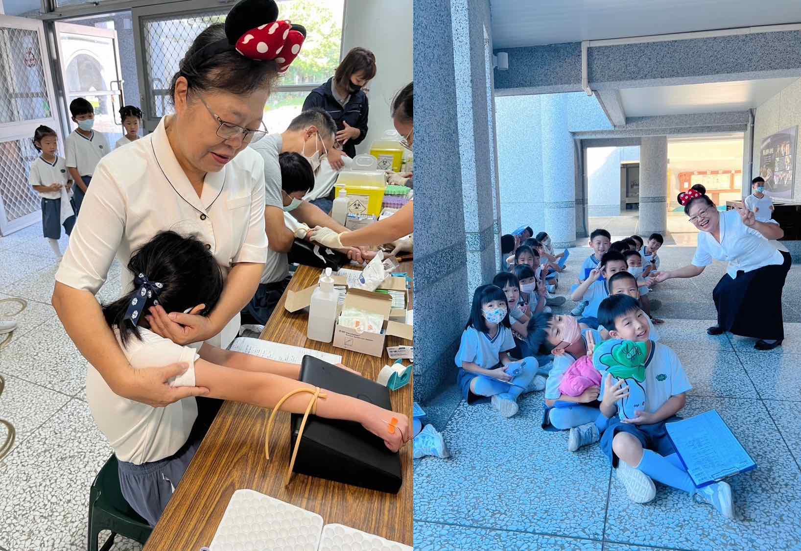 李玲惠校長到健檢現場為一年級孩子加油打氣，並陪伴孩子抽血