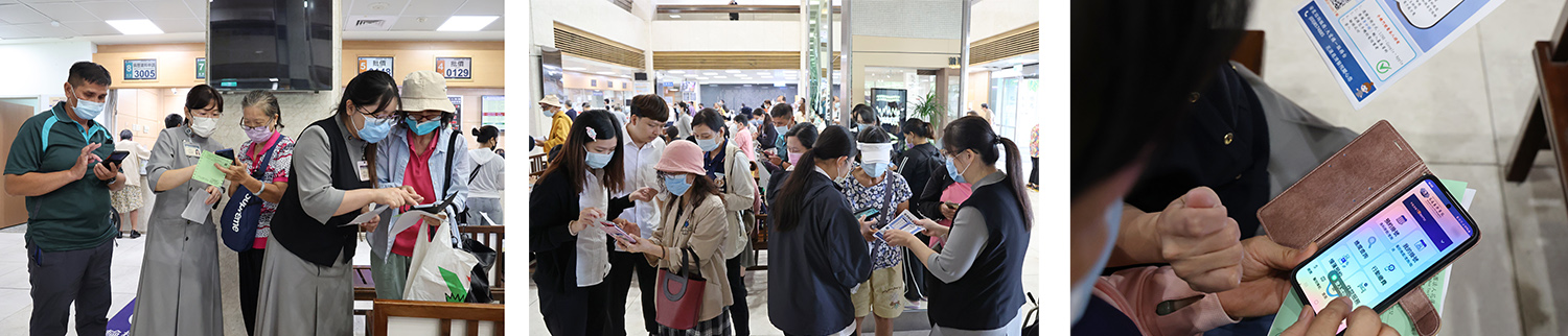 活動首日就吸引許多就醫病人、陪伴家屬與醫院同仁、志工熱情下載，許多第一次接觸這APP的長者在團隊的幫忙下順利完成註冊。