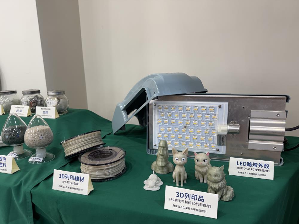 展示品_再生品_照明光源回收後，其中塑膠可再製成LED路燈外殼與3D列印線材原料等。