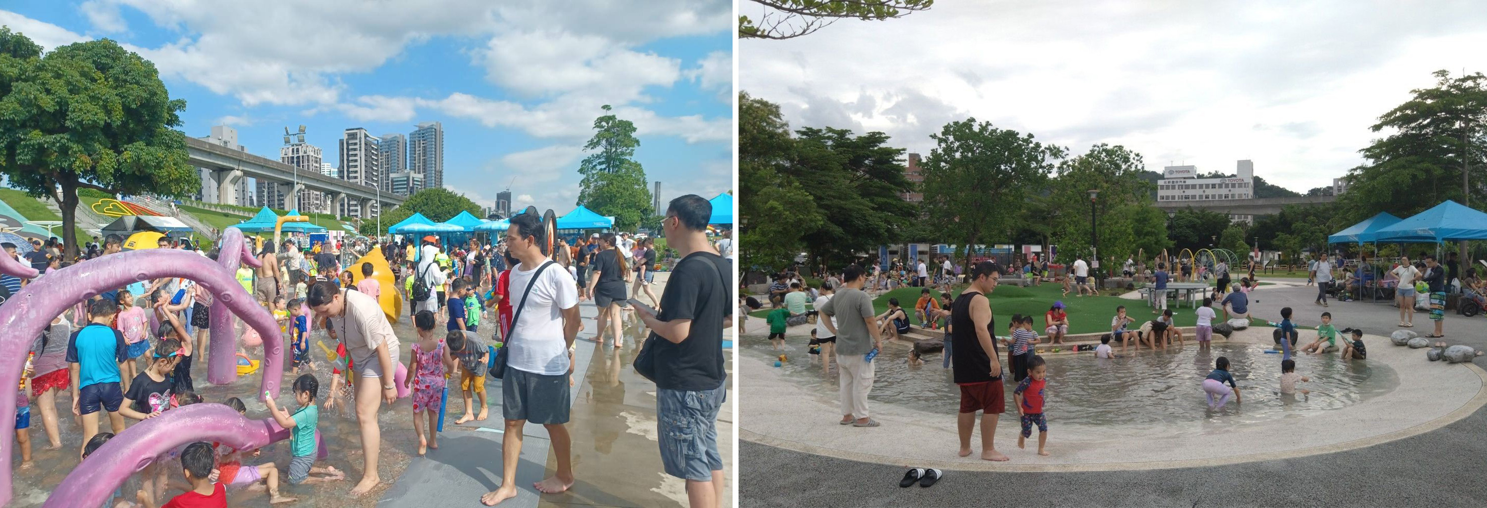 （圖左）海世界水樂園玩水民眾絡繹不絕。（圖右）陽光遊戲場水樂園讓小朋友開心玩水。
