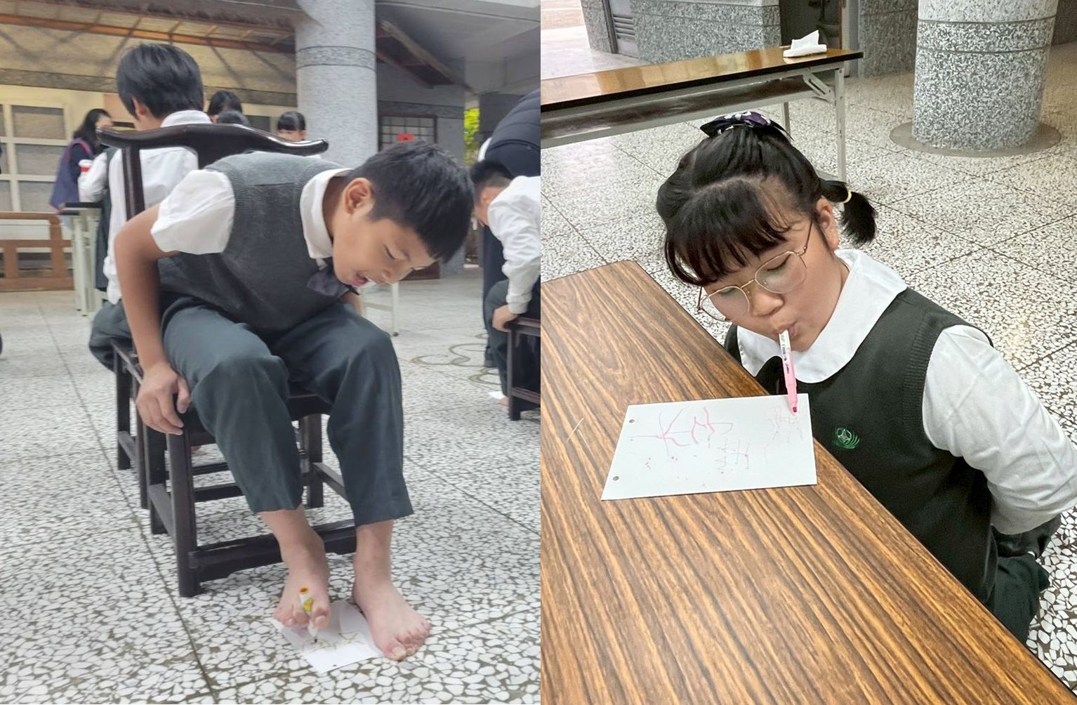 五年級口足畫家：體驗失去雙手只能用嘴巴及用腳寫字的辛苦與不容易。