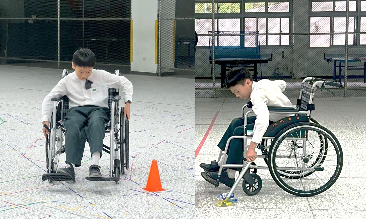 六年級陸上行舟：學生坐上輪椅，前進、轉彎通過障礙物、撿拾東西，都需要極大的力氣