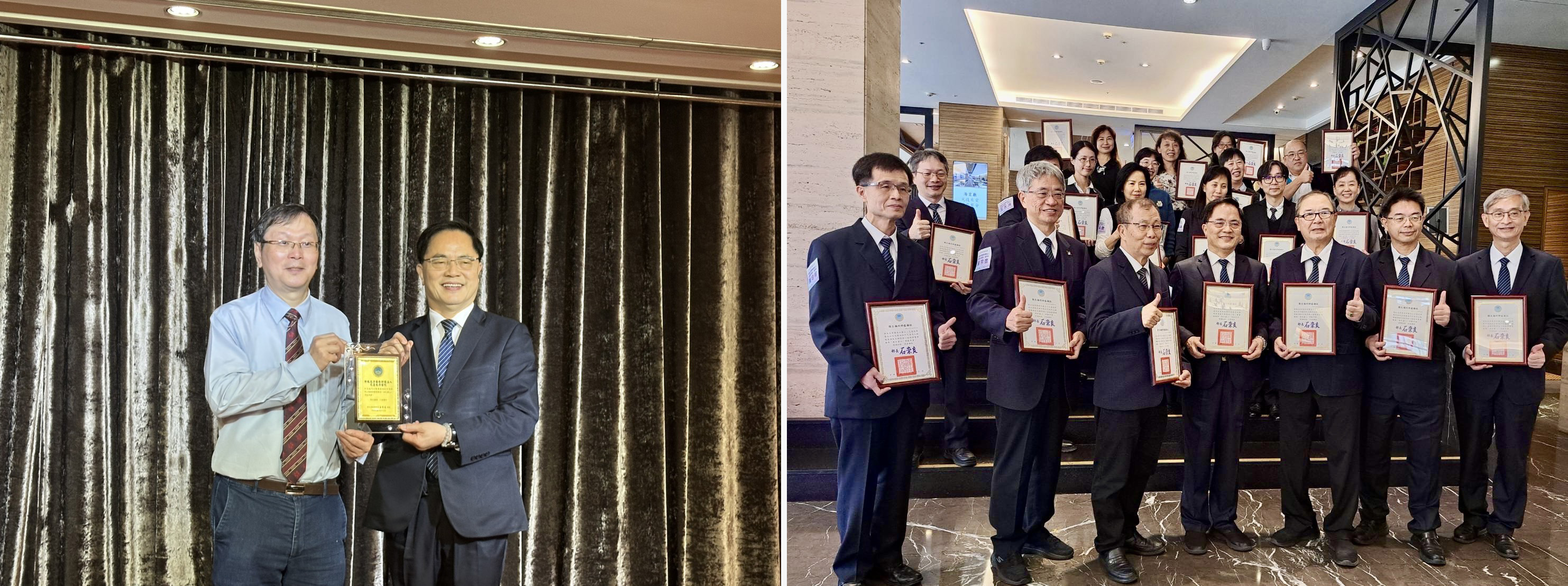 （圖左）衛生福利部次長莊人祥(左)頒發感謝獎牌給花蓮慈濟醫院。（圖右）花蓮慈濟醫院林欣榮院長(前排左四)帶領院長室主管及主管接受衛生福利部表揚。