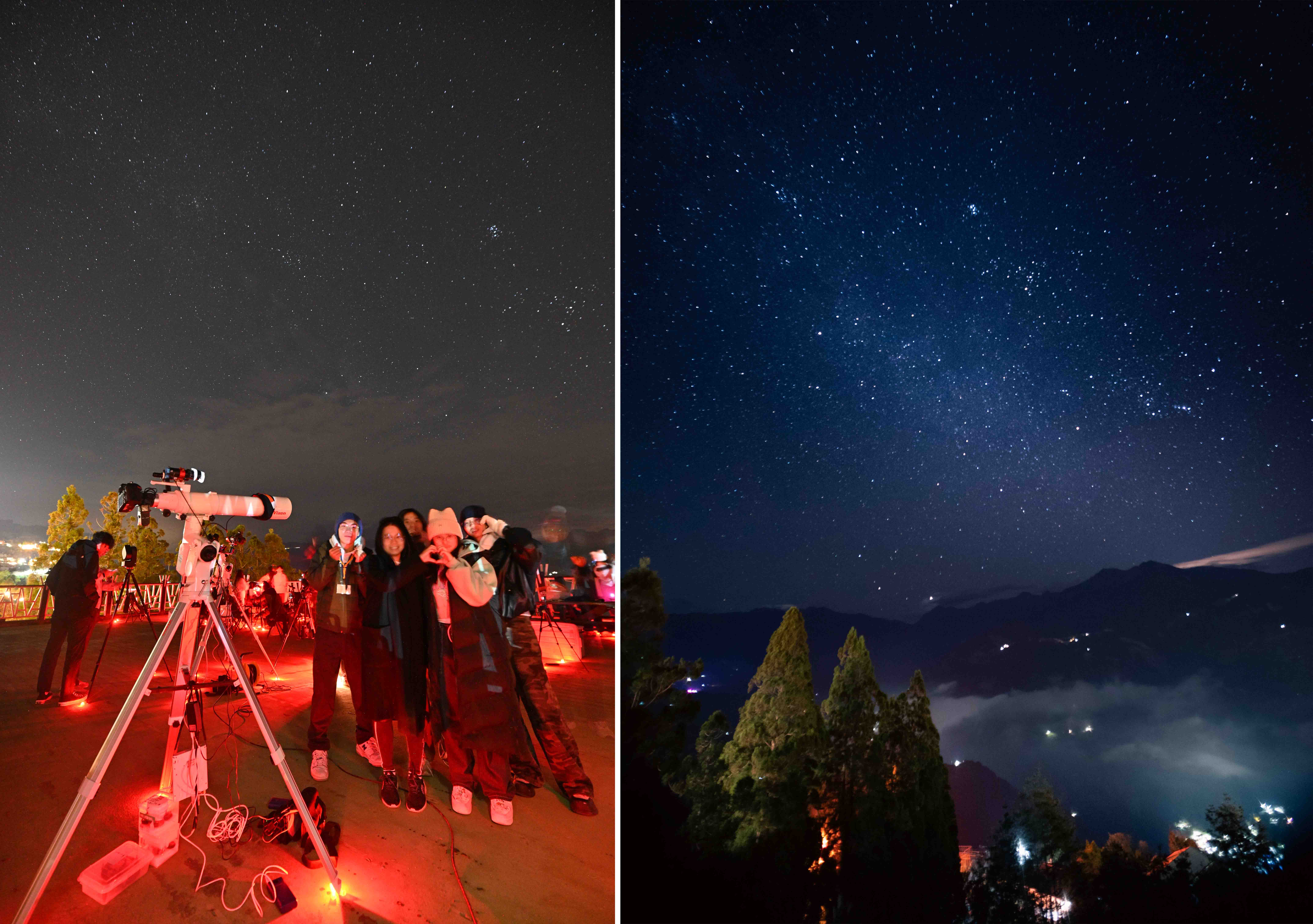  （圖左）夜幕低垂，仰望星空，開啟夜間觀星時刻。（圖右）高一陳建霖清境星空攝影作品。
