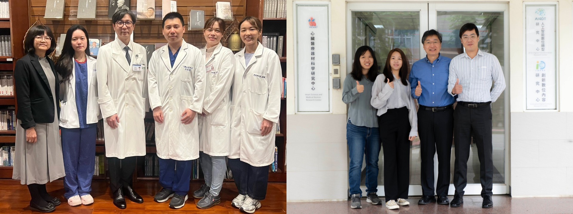 (左圖)副院長張睿智(左三)與成功大學王振興教授，共同帶領花蓮慈院與成功大學團隊，以「AI智慧監測與預後分析系統導入人工心肺機」得到國家新創獎殊榮。(右圖)成功大學王振興教授(右二)與團隊