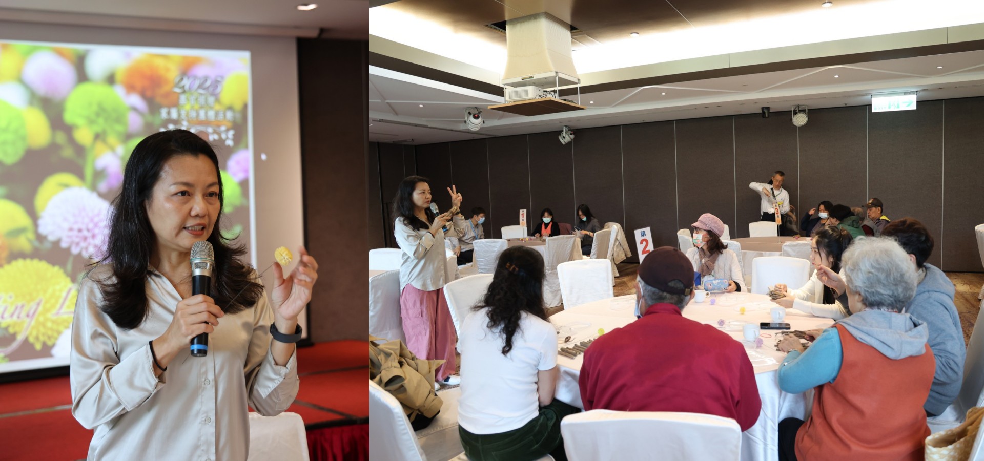 捐贈者家屬在黃文鳳老師引導下，展該盆花手作。