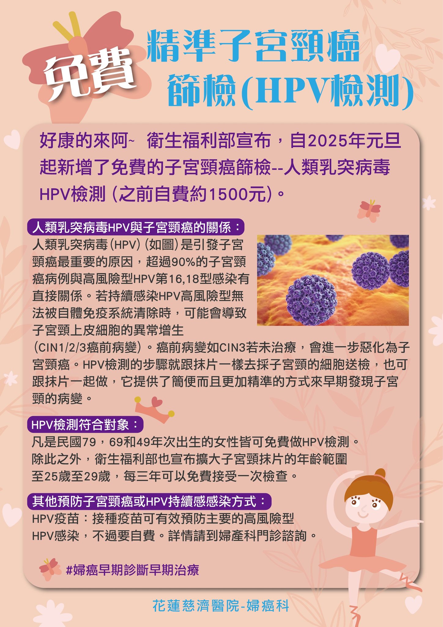 2025年1月1日起，國民健康署新增了免費的子宮頸癌篩檢-人類乳突病毒HPV檢測。對象是35歲、45歲、65歲的女性，當年度年可以接受一次的免費HPV檢測。