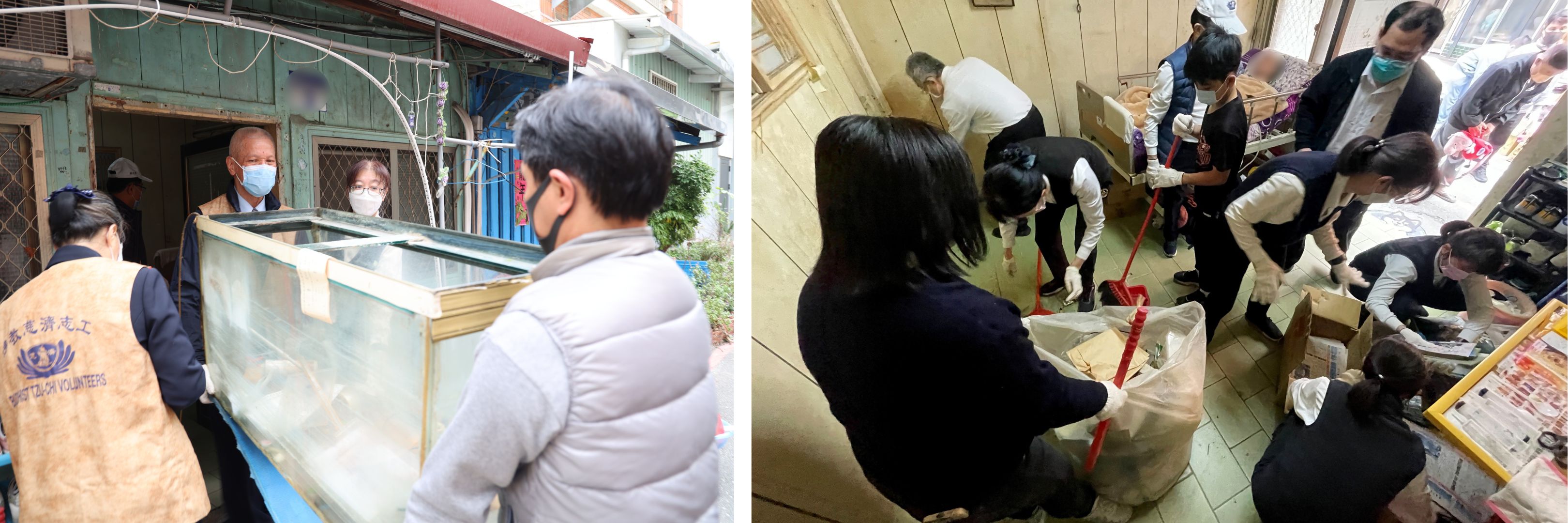 團隊為了搬運這些物品，在小小的空間裡，熟門熟路的排成人龍接力，把堆滿房間的雜物一一搬到戶外分類，再將還可用的家具物品分門別類。