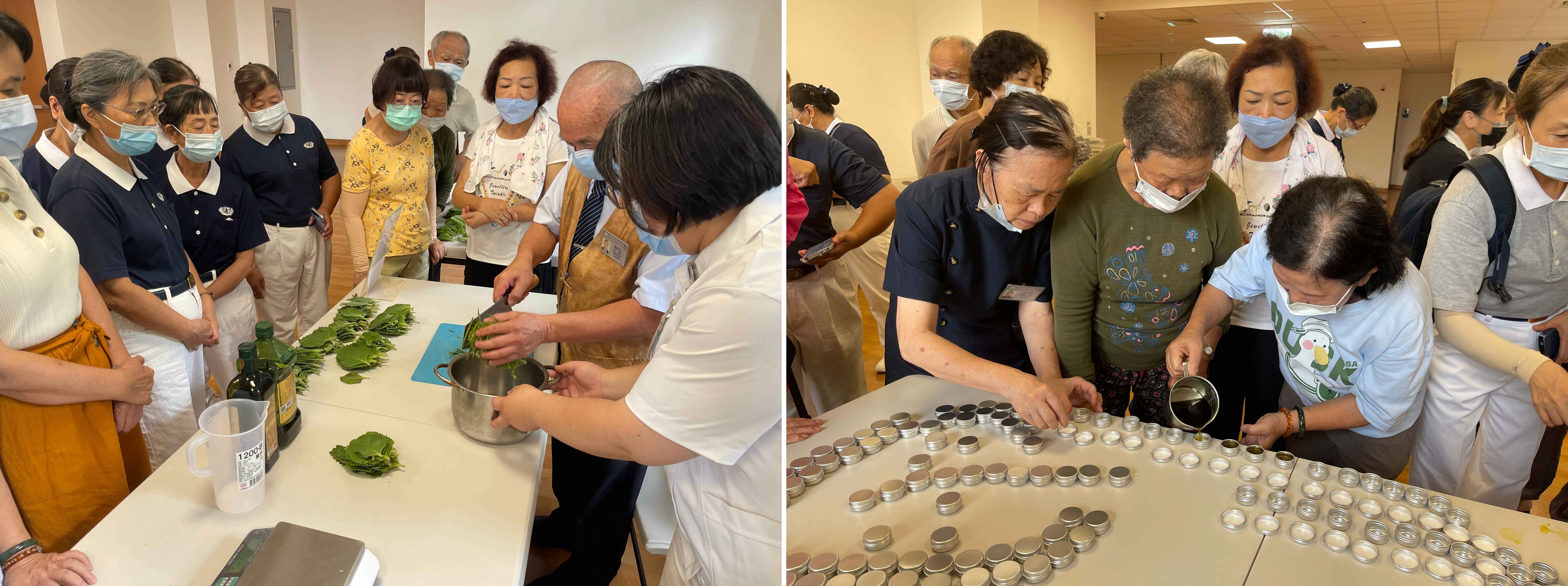 【左圖】張雅婷督導（右一）與戴聰富師兄（右二）示範左手香精油萃取前置作業。／【右圖】吳珮綺阿嬤（右二）裝罐動作熟練，他笑說每天都在佛龕前幫佛祖倒茶，練出俐落身手。