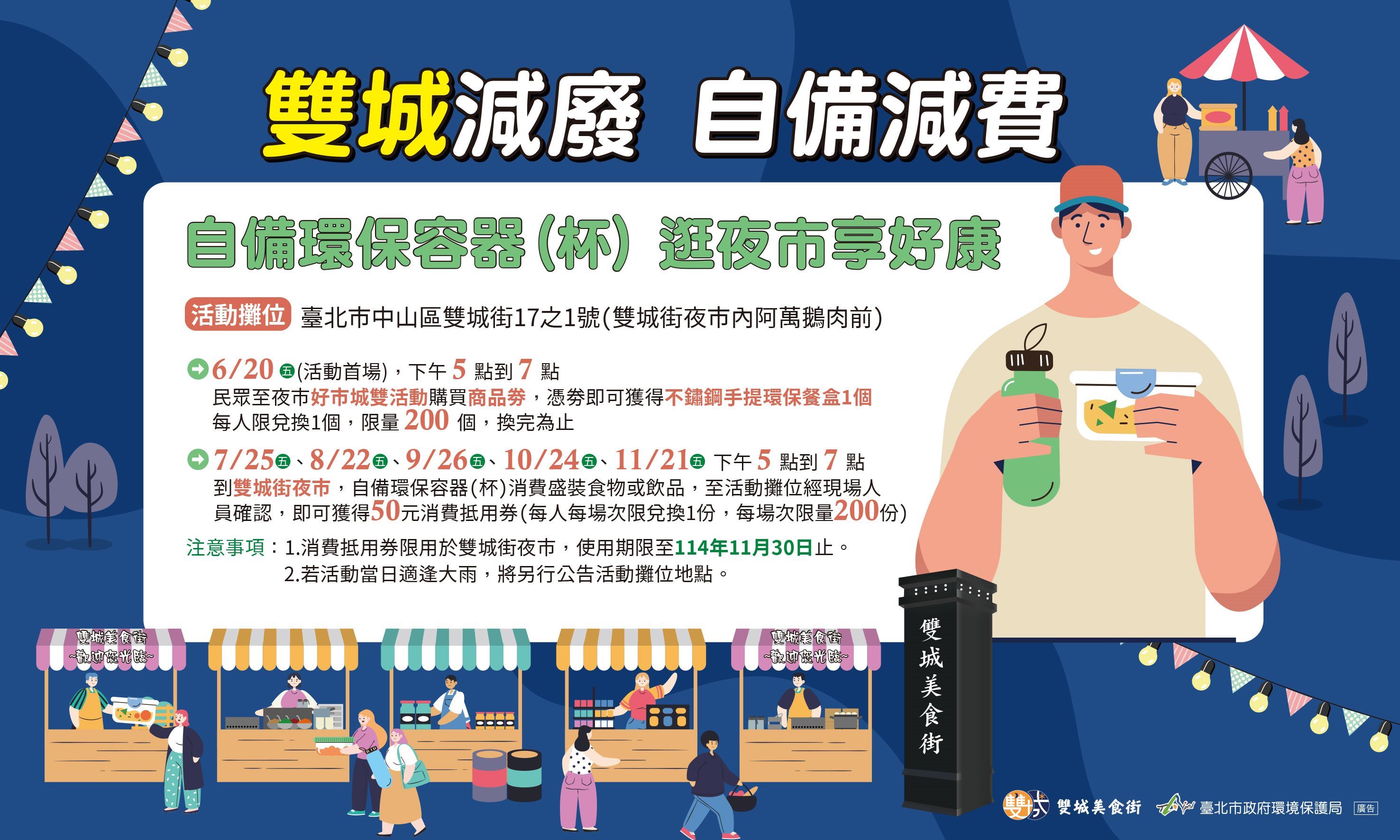 雙城減廢 逛夜市自備環保容器(杯) 拿50元好康抵用券
