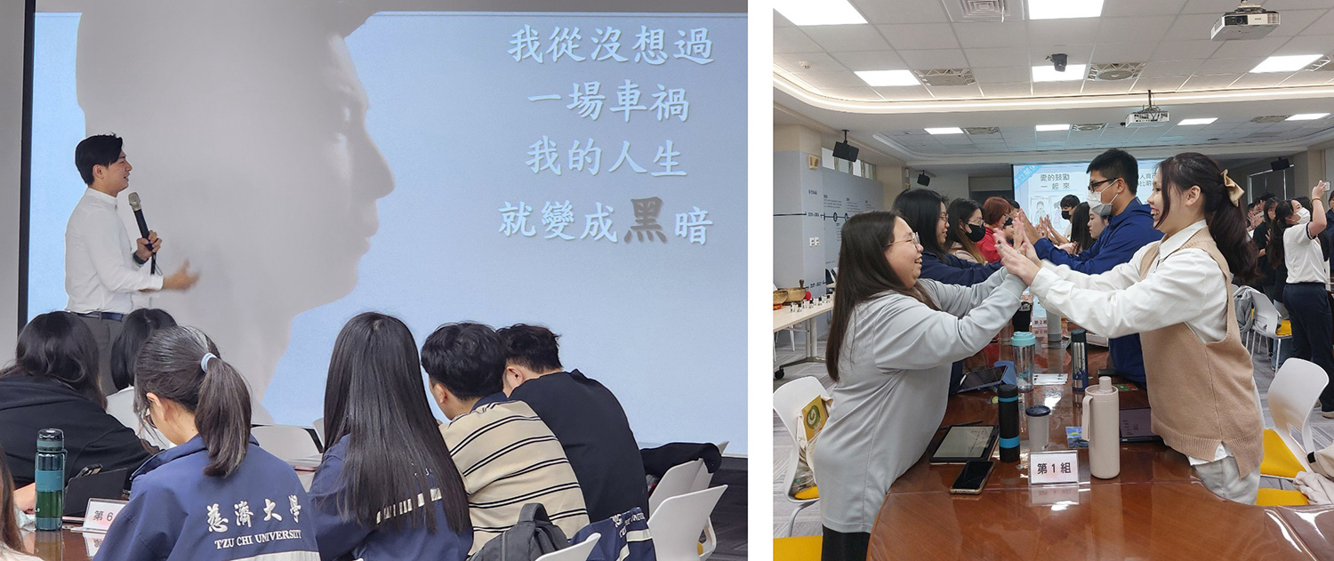 生命勇者陳宥憲教練以自身經驗，鼓勵大家在黑暗中尋找光明。／工作坊透過體驗活動連結自己與他人的互動。