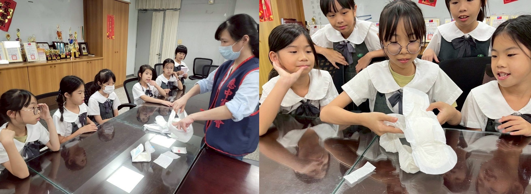 志工媽媽細心的教導孩子生理期來時如何處理，並讓孩子實際動手如何使用衛生棉。