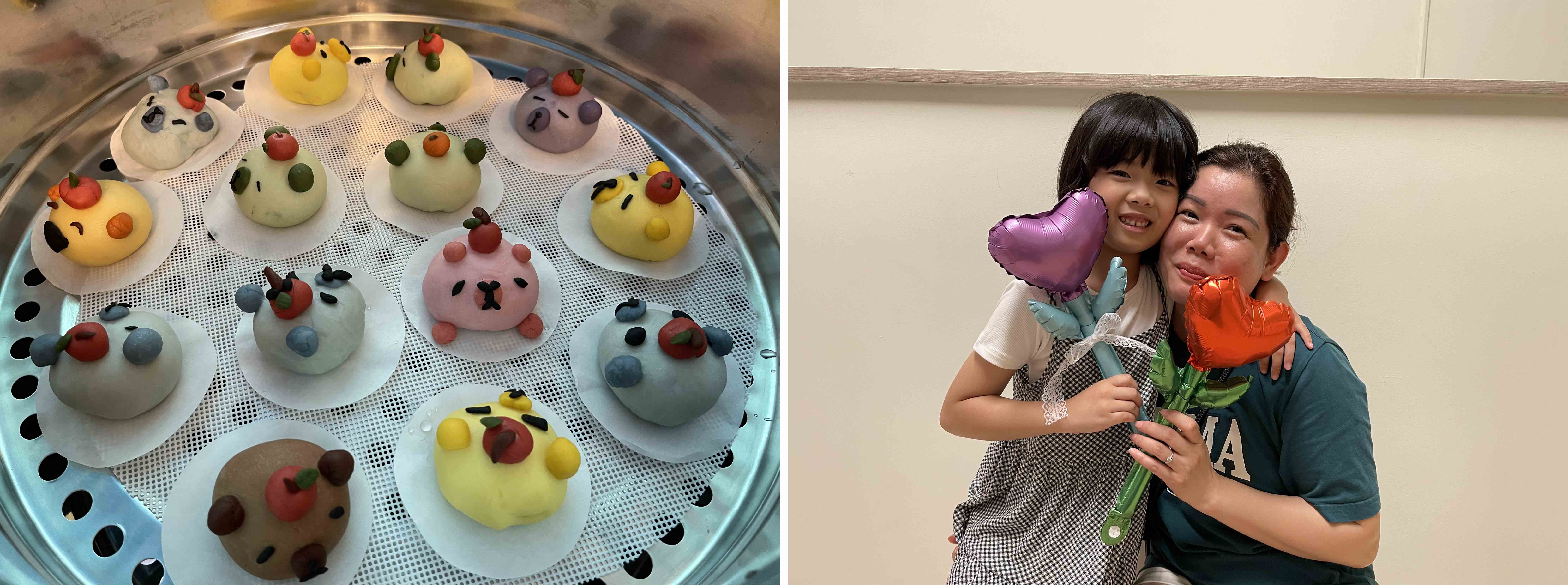 (圖左)手工製作的「可愛造型饅頭」，從發麵、捏造型到蒸煮，每一道工序都蘊含濃濃心意。(圖右)活動高潮，孩子親手獻上花朵氣球給母親，場面溫馨感人，新住民媽媽(右1)不禁感動落淚。