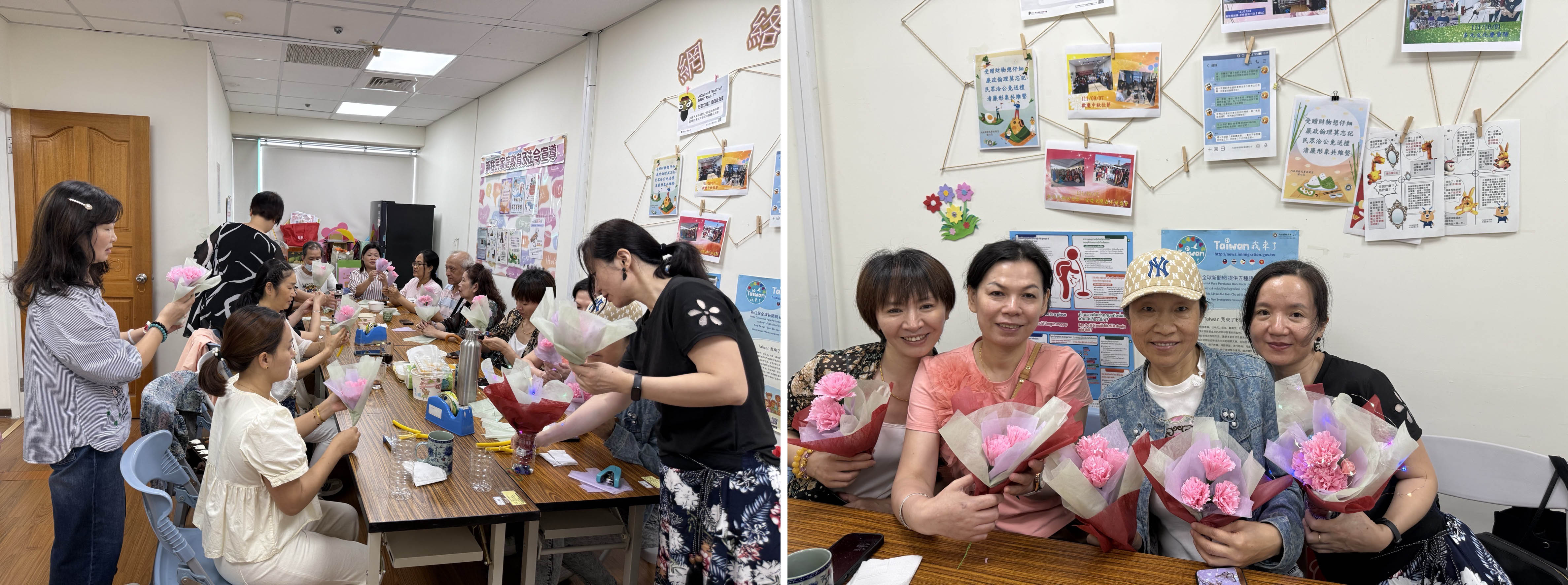 宜萱婦幼關懷協會藍靜宜理事長教導基隆新住民製作精油串燈康乃馨情形。
