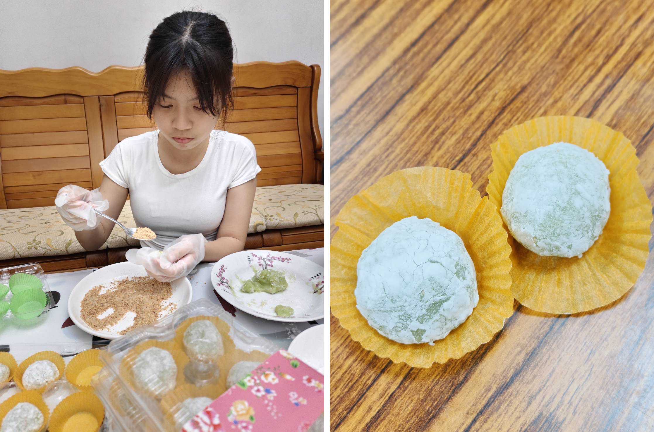 越南新二代陳湘涵同學創意製作香蘭葉麻糬及其成品。
