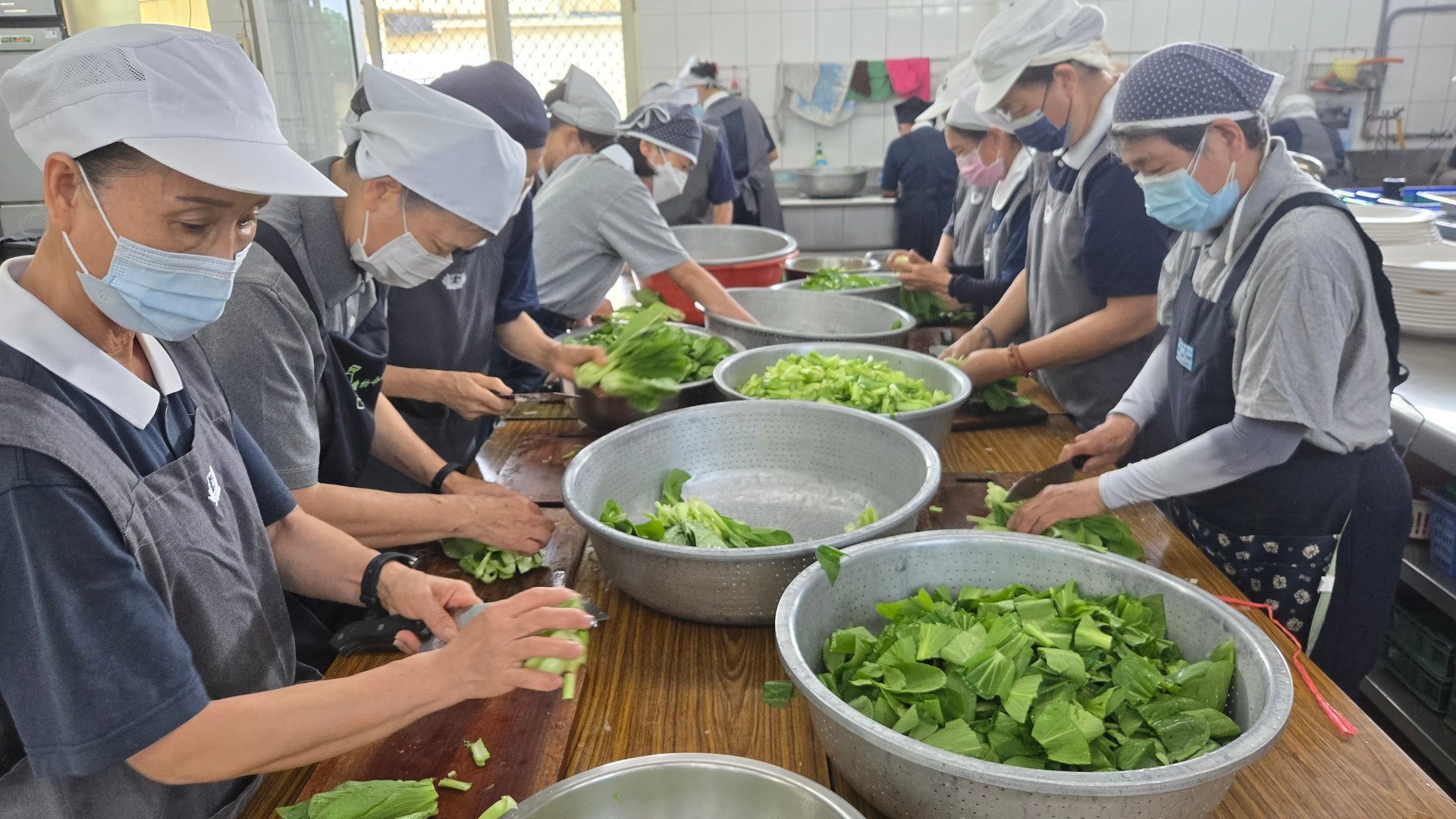 志工分組洗菜、切菜、煮菜、打便當一貫作業有條不紊